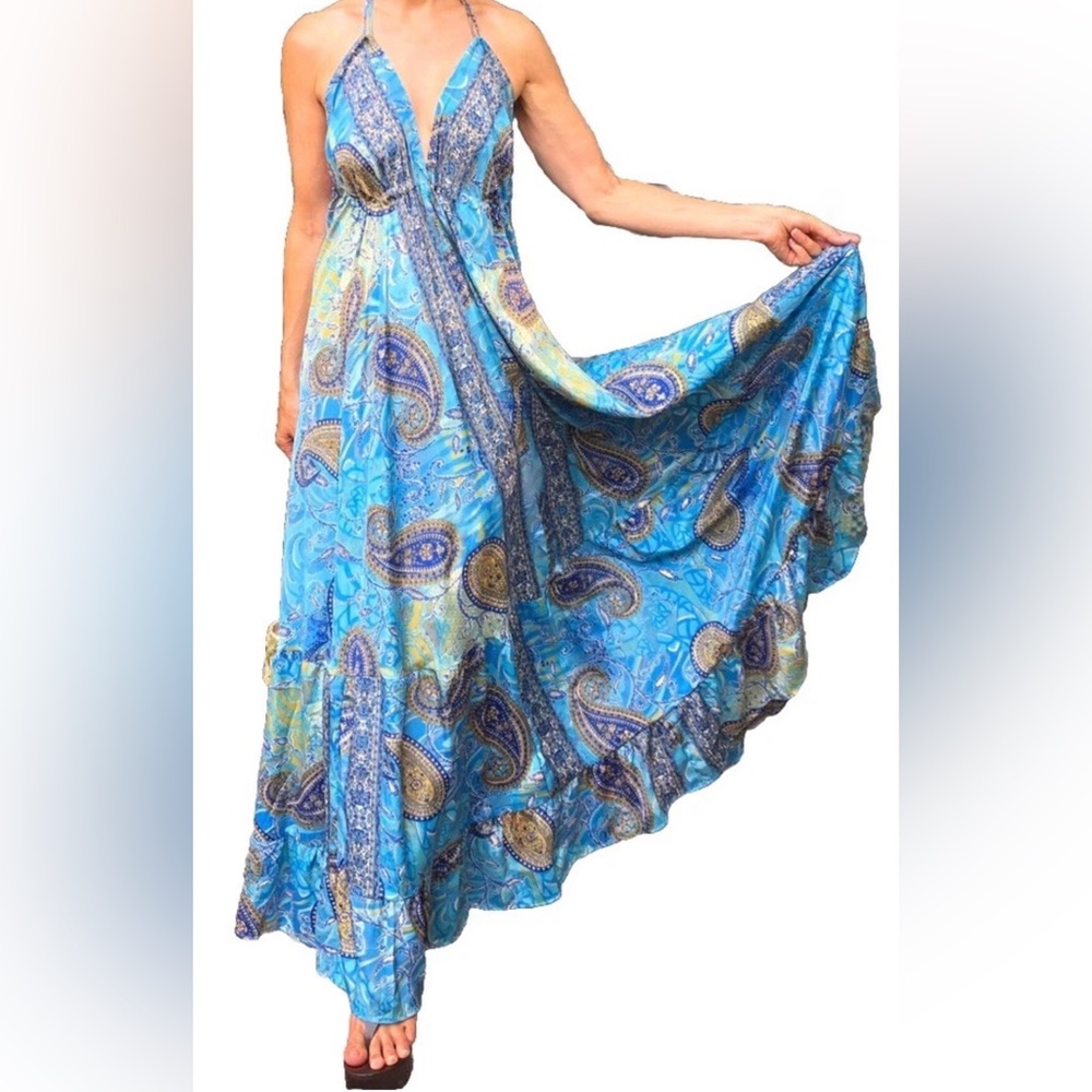 NEW maxi halter Deep-V Neck Backless scarf silk Turquoise Blue Full Skirt O/S